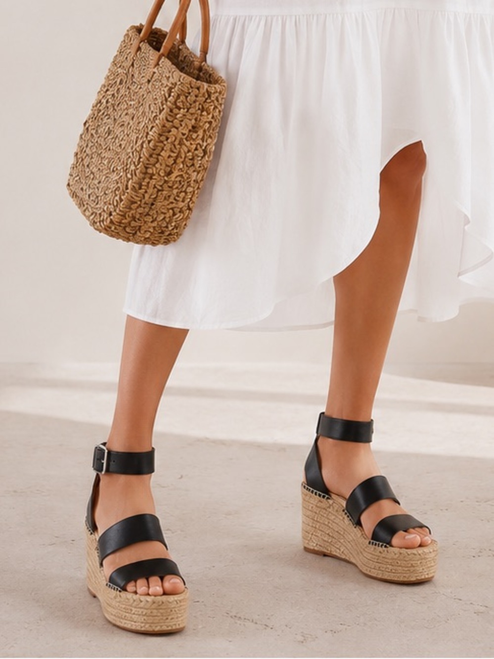 Antonio Melani Leather Black  Espadrille Platforms Jute Elevated Wedge NEW